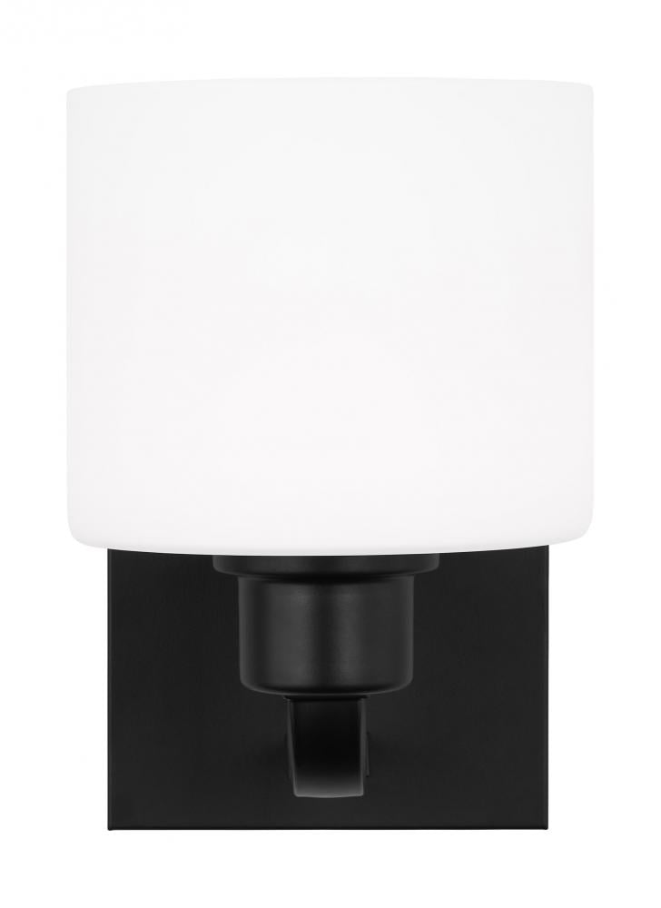 Generation Lighting 4128801-112 Canfield indoor dimmable 1-light wall bath sconce in a midnight black finish and etched white glass