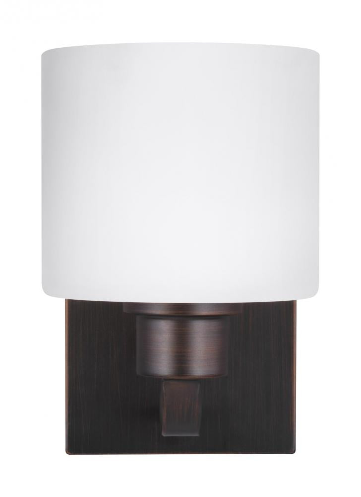 Generation Lighting 4128801EN3-710 Canfield modern 1-light LED indoor dimmable bath vanity wall sconce in bronze finish with etched whi