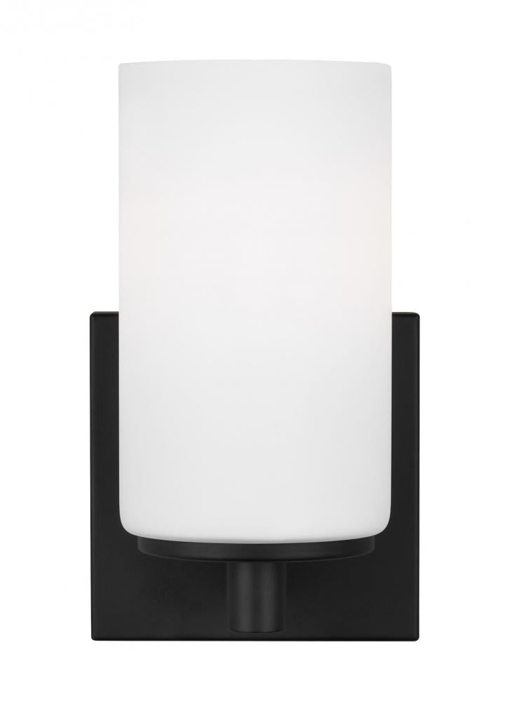 Generation Lighting 4139101-112 Hettinger traditional indoor dimmable 1-light wall bath sconce in a midnight black finish with etche