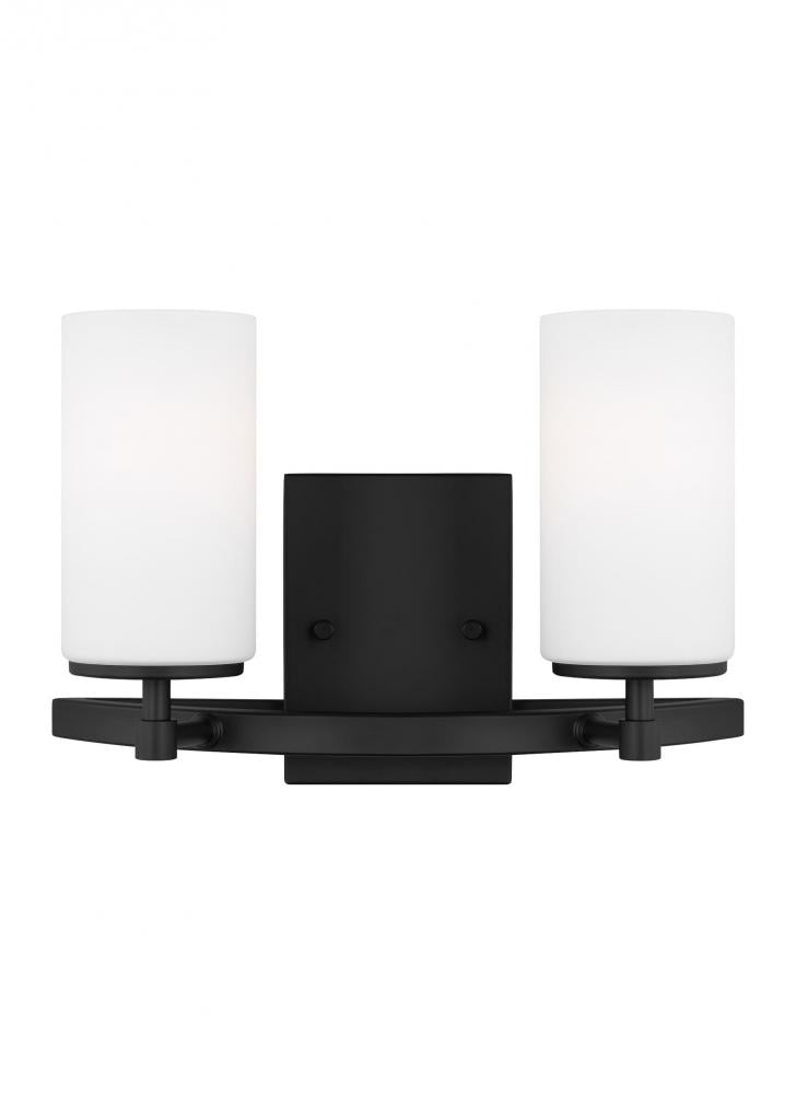 Generation Lighting 4424602-112 Alturas indoor dimmable 2-light wall bath vanity in a midnight black finish and etched white glass