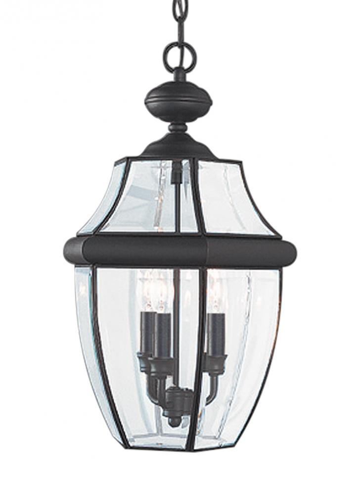 Generation Lighting 1512075 Lancaster traditional 3-light outdoor exterior pendant in black finish with clear curved beveled gla