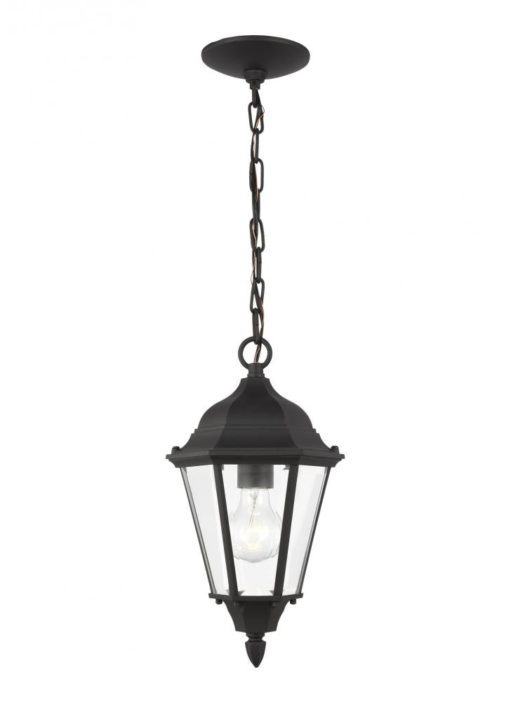 Generation Lighting 60938-12 Bakersville traditional 1-light outdoor exterior pendant in black finish with clear beveled glass pa