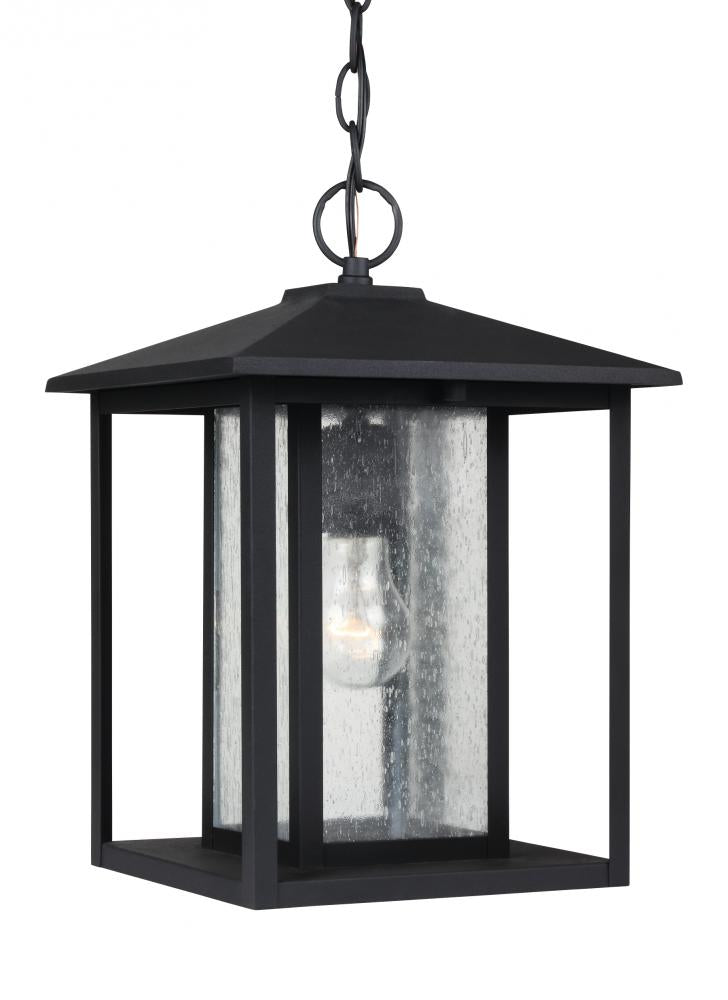 Generation Lighting 62027-12 Hunnington contemporary 1-light outdoor exterior pendant in black finish with clear seeded glass pan