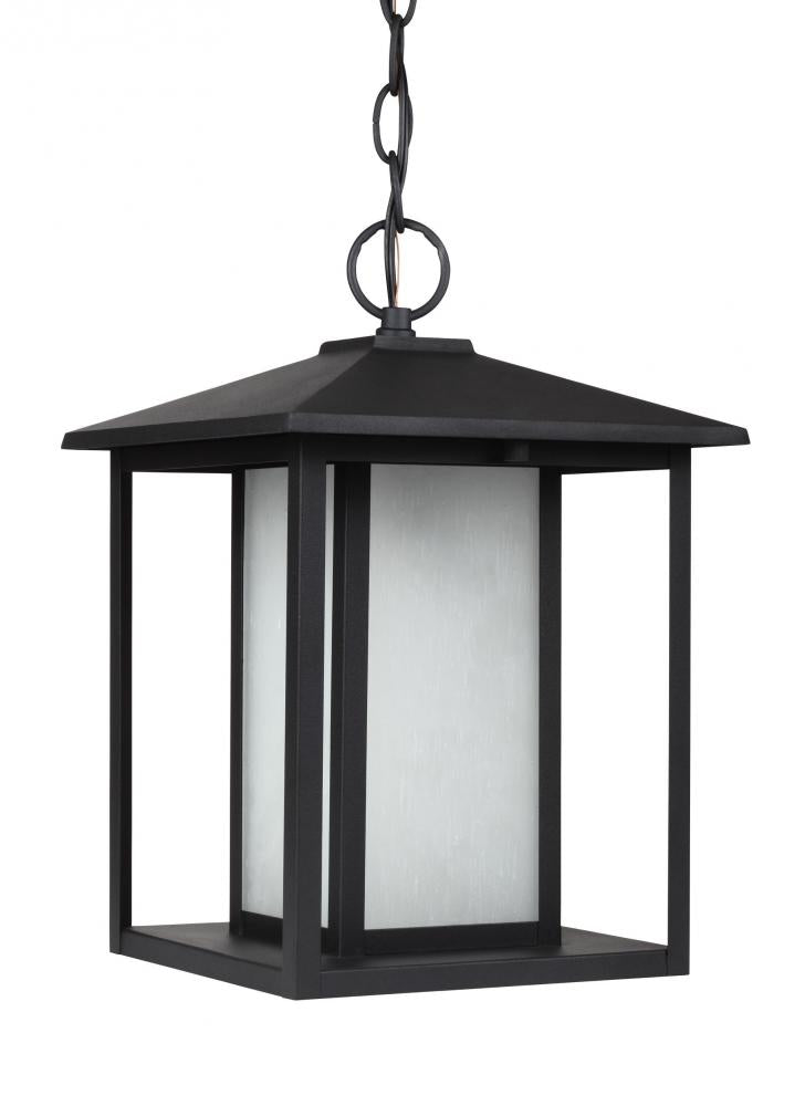 Generation Lighting 69029-12 Hunnington contemporary 1-light outdoor exterior pendant in black finish with etched seeded glass pa