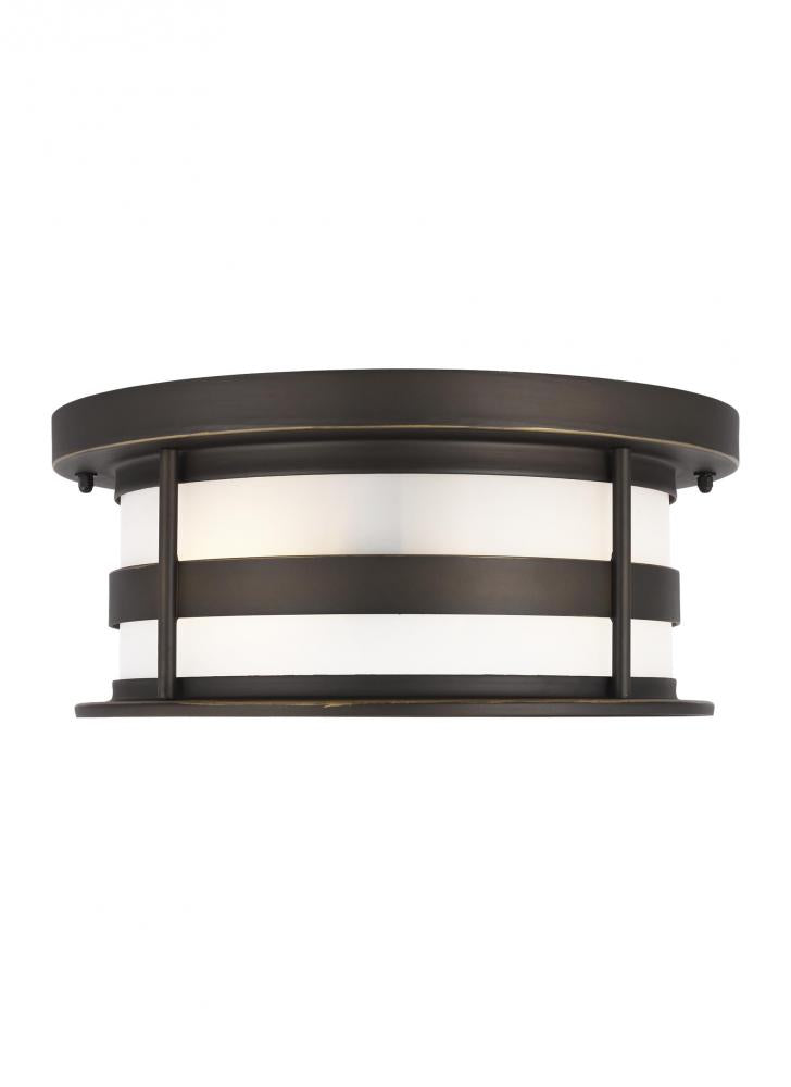 Generation Lighting 7890902EN3-71 Wilburn modern 2-light LED outdoor exterior ceiling flush mount in antique bronze finish with satin