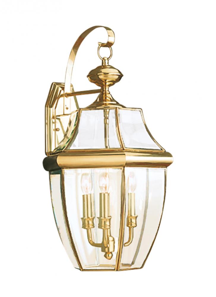 Generation Lighting 8040EN-02 Lancaster traditional 3-light LED outdoor exterior wall lantern sconce in polished brass gold finish