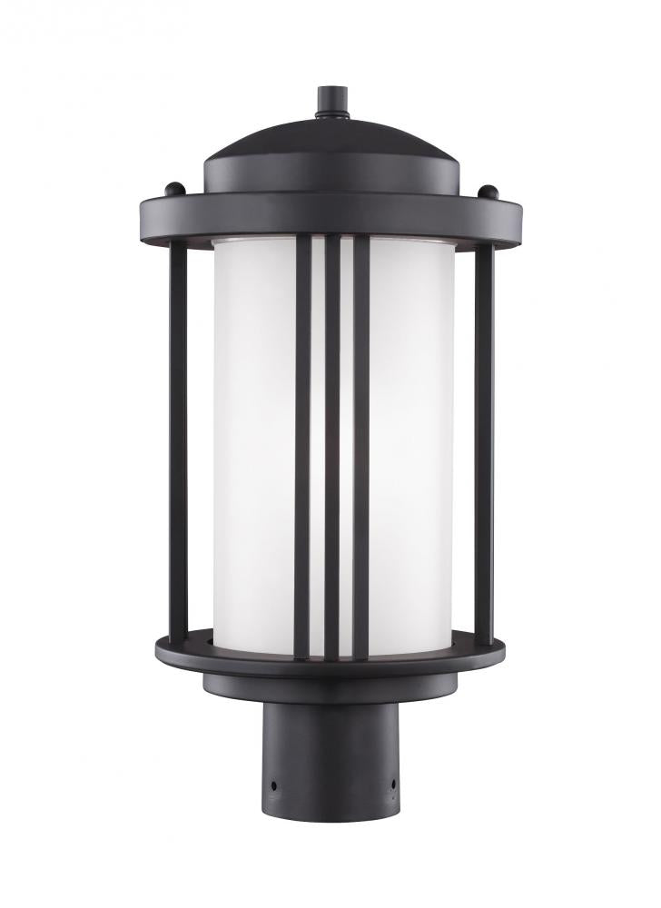 Generation Lighting 8247901-12 Crowell contemporary 1-light outdoor exterior post lantern in black finish with satin etched glass s