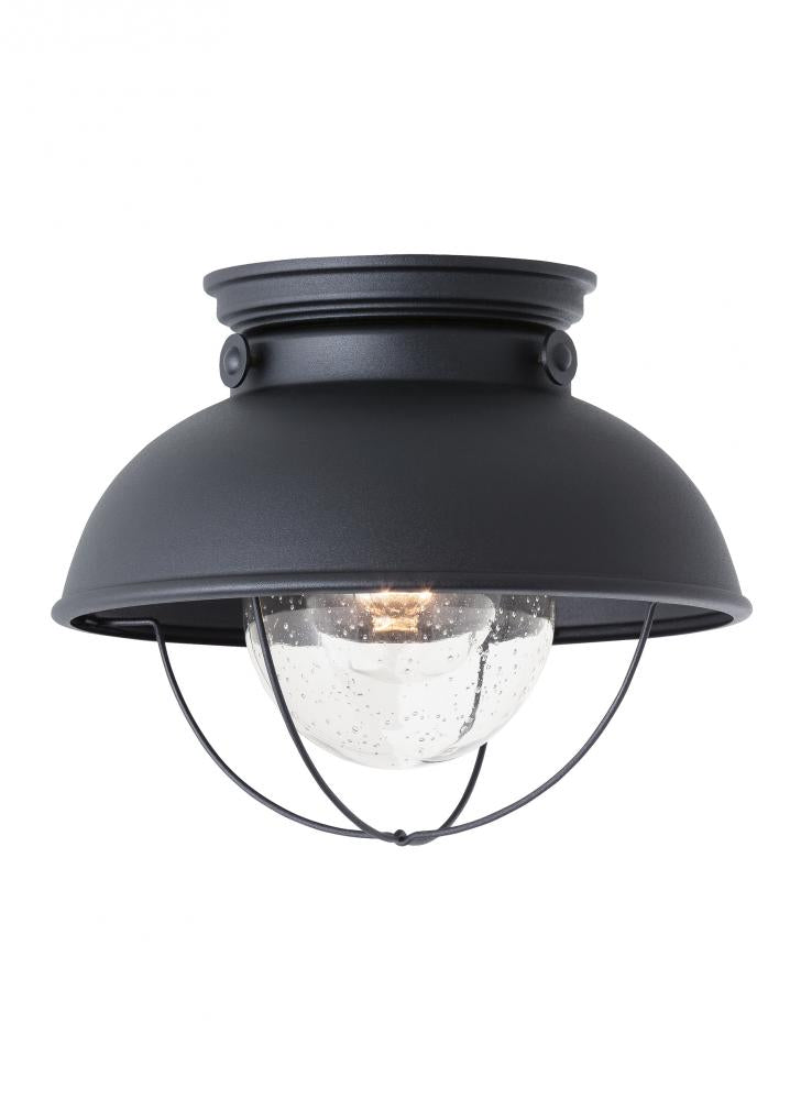 Generation Lighting 2545712 Sebring transitional 1-light outdoor exterior ceiling flush mount in black finish with clear seeded
