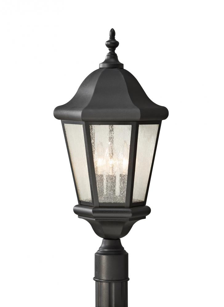Generation Lighting OL5907BK Martinsville traditional 3-light outdoor exterior post lantern in black finish with clear seeded gla