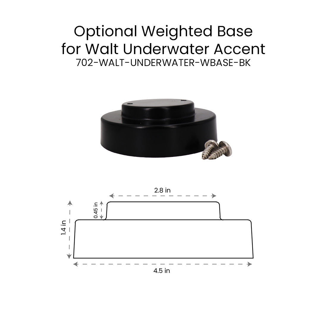 Black weighted base for an underwater accent light with dimensions and mounting screws.