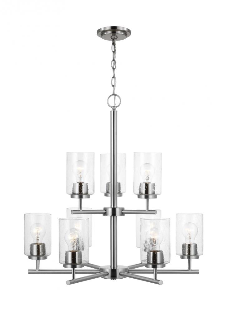 Generation Lighting 31172-962 Oslo indoor dimmable 9-light chandelier in a brushed nickel finish with a clear seeded glass shade