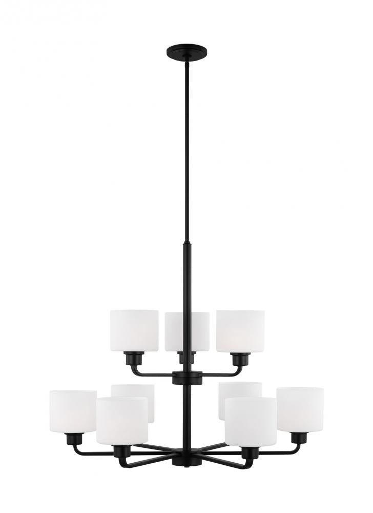 Generation Lighting 3128809-112 Canfield indoor dimmable 9-light chandelier in midnight black finish and etched white glass shade