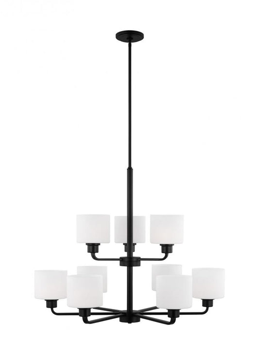 Generation Lighting 3128809-112 Canfield indoor dimmable 9-light chandelier in midnight black finish and etched white glass shade