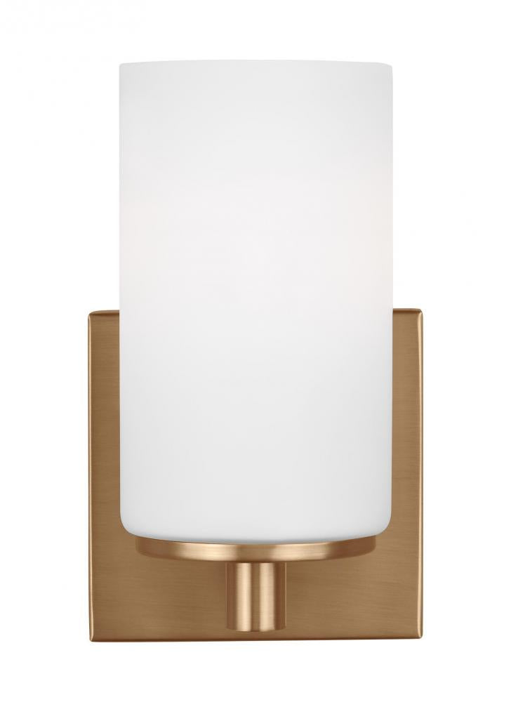 Generation Lighting 4139101-848 Hettinger traditional indoor dimmable 1-light wall bath sconce in a satin brass finish with etched w