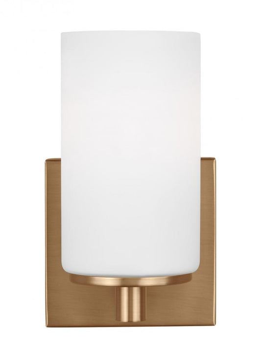 Generation Lighting 4139101-848 Hettinger traditional indoor dimmable 1-light wall bath sconce in a satin brass finish with etched w