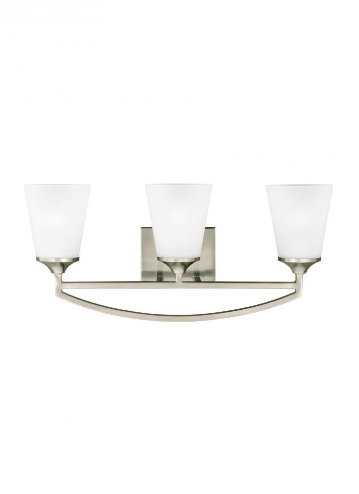 Generation Lighting 4424503-962 Hanford traditional 3-light indoor dimmable bath vanity wall sconce in brushed nickel silver finish