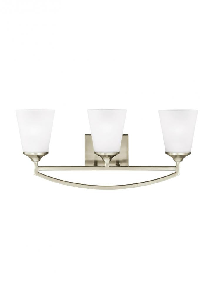 Generation Lighting 4424503EN3-962 Hanford traditional 3-light LED indoor dimmable bath vanity wall sconce in brushed nickel silver fin