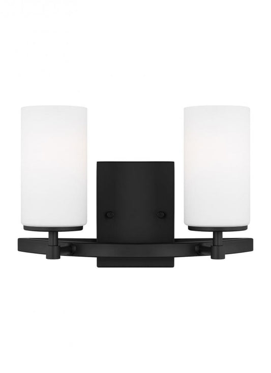 Generation Lighting 4424602-112 Alturas indoor dimmable 2-light wall bath vanity in a midnight black finish and etched white glass