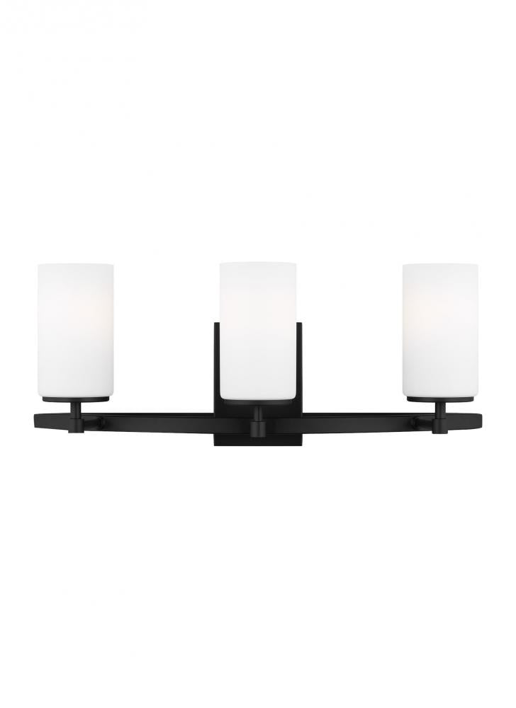 Generation Lighting 4424603-112 Alturas indoor dimmable 3-light wall bath sconce in a midnight black finish and etched white glass