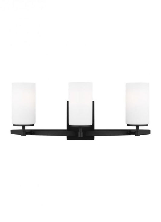 Generation Lighting 4424603-112 Alturas indoor dimmable 3-light wall bath sconce in a midnight black finish and etched white glass