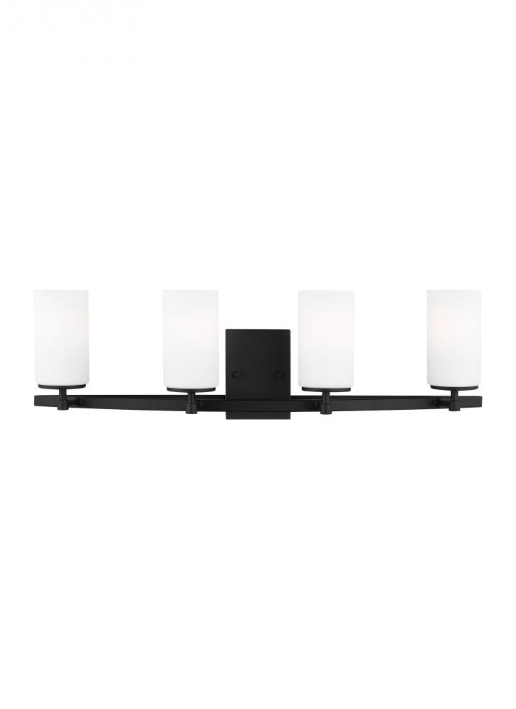Generation Lighting 4424604EN3-112 Alturas indoor dimmable LED 4-light wall bath sconce in a midnight black finish and etched white gla
