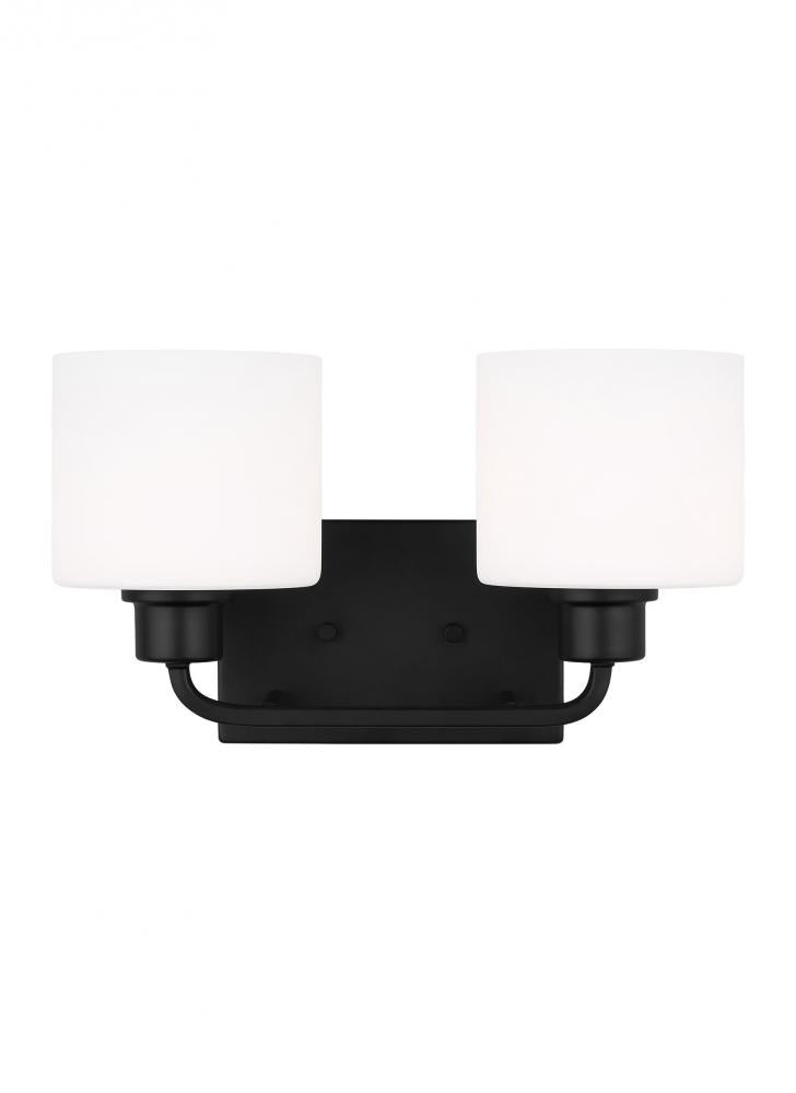 Generation Lighting 4428802-112 Canfield indoor dimmable 2-light wall bath sconce in a midnight black finish and etched white glass