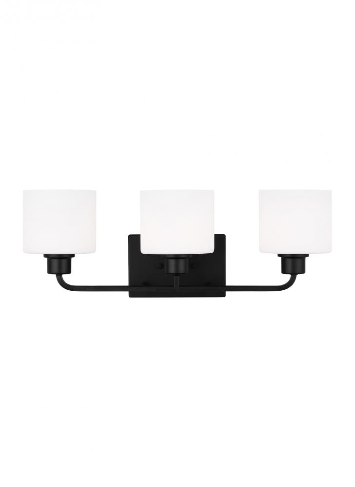 Generation Lighting 4428803-112 Canfield indoor dimmable 3-light wall bath sconce in a midnight black finish and etched white glass