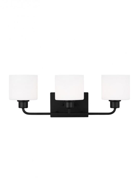 Generation Lighting 4428803-112 Canfield indoor dimmable 3-light wall bath sconce in a midnight black finish and etched white glass