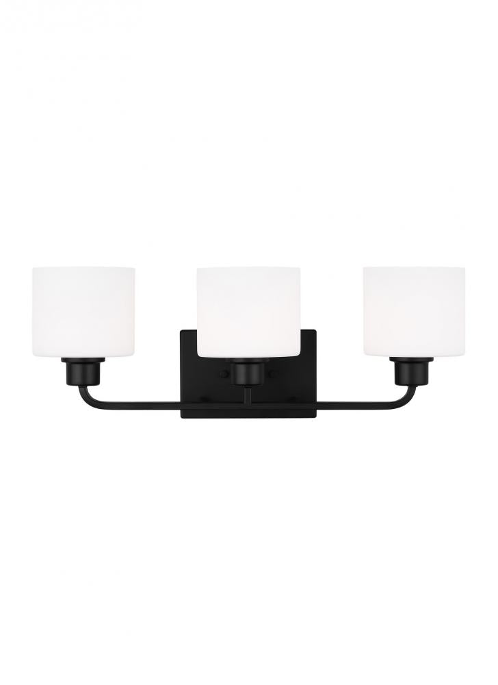 Generation Lighting 4428803EN3-112 Canfield indoor dimmable LED 3-light wall bath sconce in a midnight black finish and etched white gl