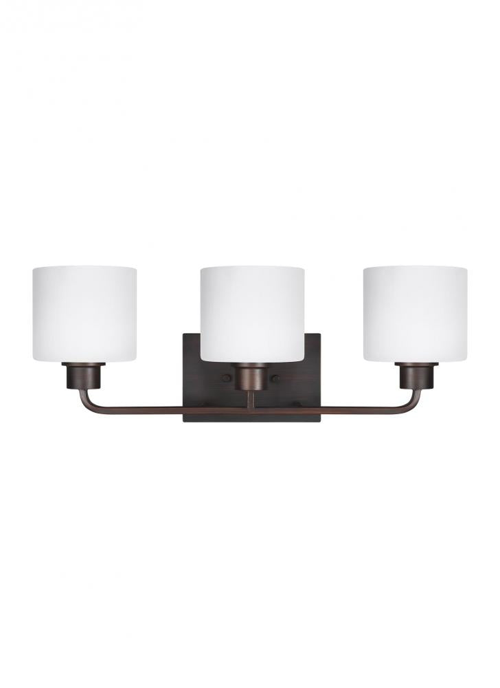 Generation Lighting 4428803EN3-710 Canfield modern 3-light LED indoor dimmable bath vanity wall sconce in bronze finish with etched whi