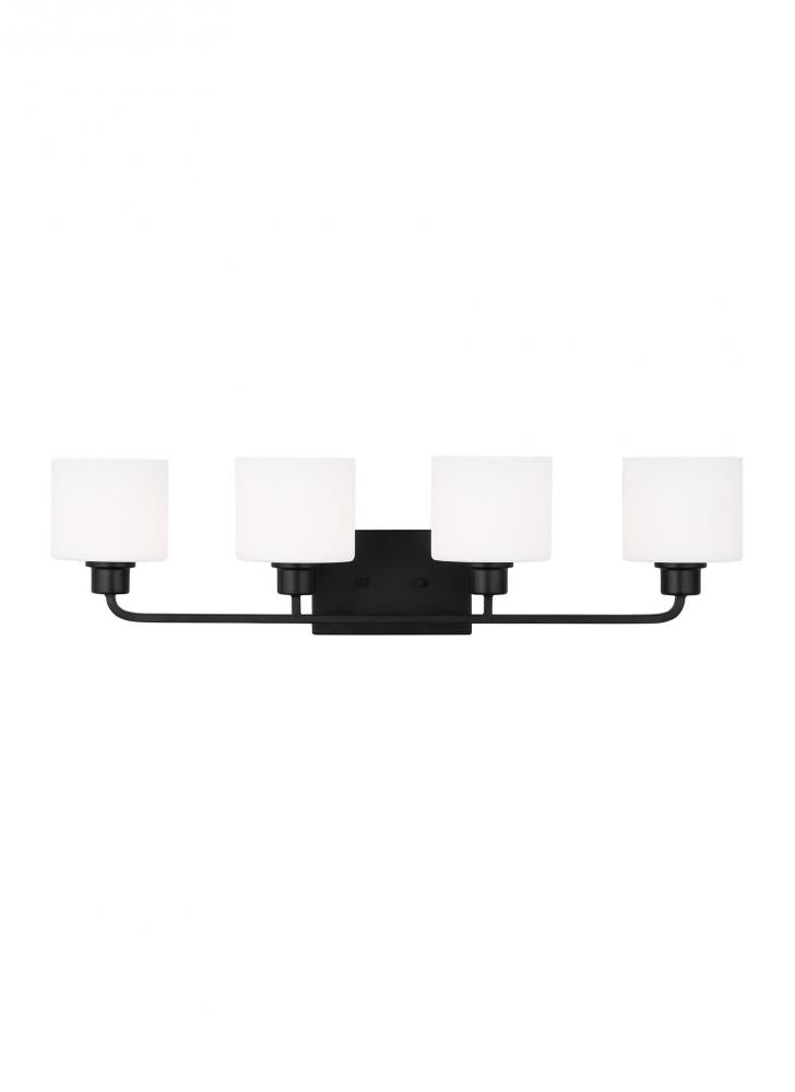 Generation Lighting 4428804-112 Canfield indoor dimmable 4-light wall bath sconce in a midnight black finish and etched white glass