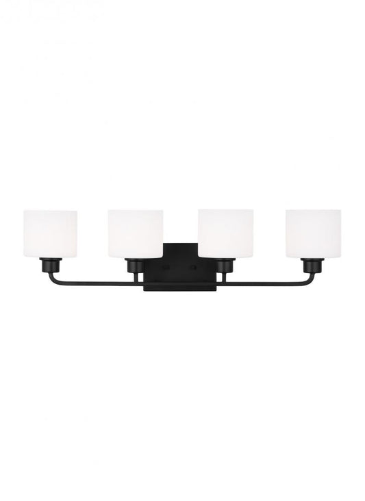 Generation Lighting 4428804-112 Canfield indoor dimmable 4-light wall bath sconce in a midnight black finish and etched white glass
