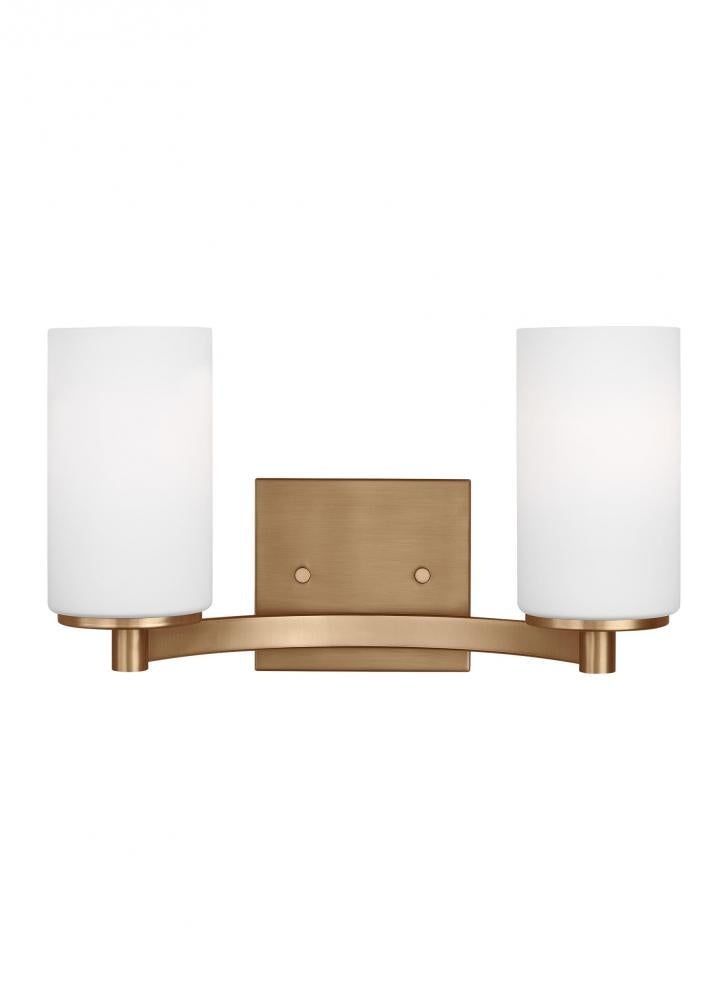 Generation Lighting 4439102EN3-848 Hettinger traditional indoor dimmable LED 2-light wall bath sconce in a satin brass finish with etch