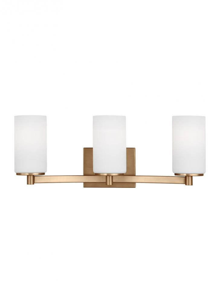 Generation Lighting 4439103-848 Hettinger traditional indoor dimmable 3-light wall bath sconce in a satin brass finish with etched w