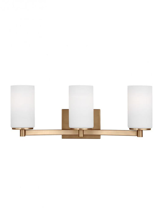 Generation Lighting 4439103-848 Hettinger traditional indoor dimmable 3-light wall bath sconce in a satin brass finish with etched w