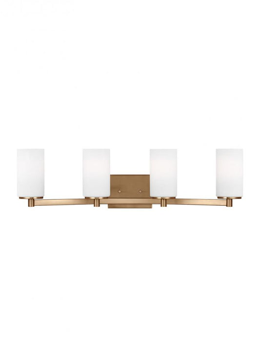 Generation Lighting 4439104-848 Hettinger traditional indoor dimmable 4-light wall bath sconce in a satin brass finish with etched w