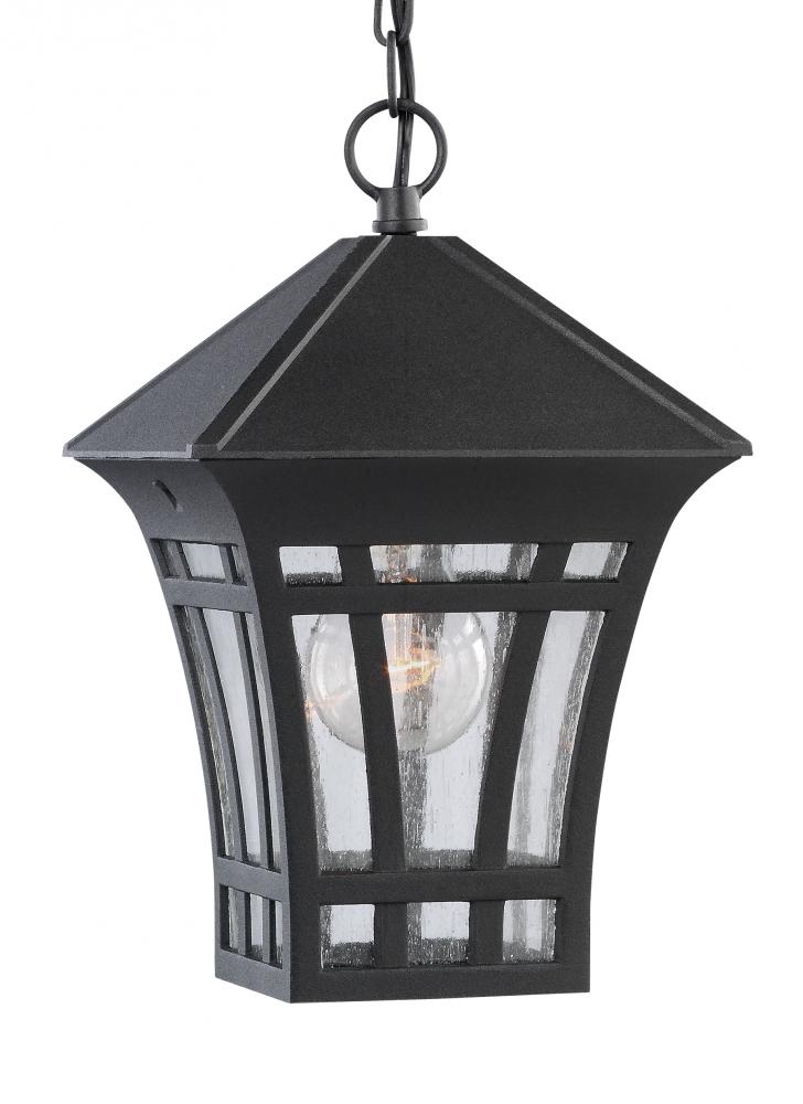 Generation Lighting 60131-12 Herrington transitional 1-light outdoor exterior hanging ceiling pendant in black finish with clear