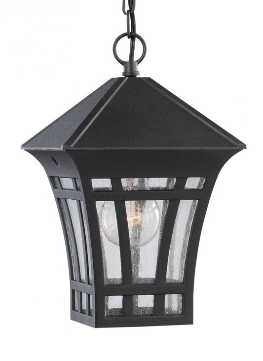 Generation Lighting 60131-12 Herrington transitional 1-light outdoor exterior hanging ceiling pendant in black finish with clear