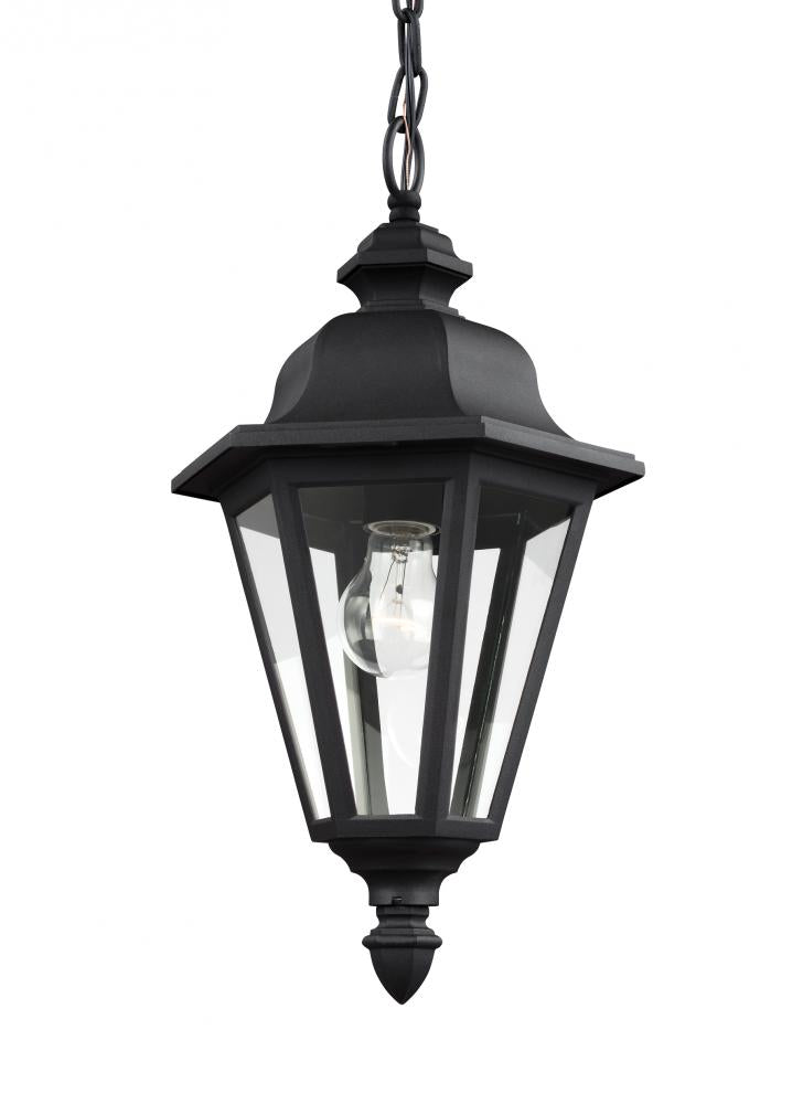 Generation Lighting 1506962 Brentwood traditional 1-light outdoor exterior ceiling hanging pendant in black finish with clear gl