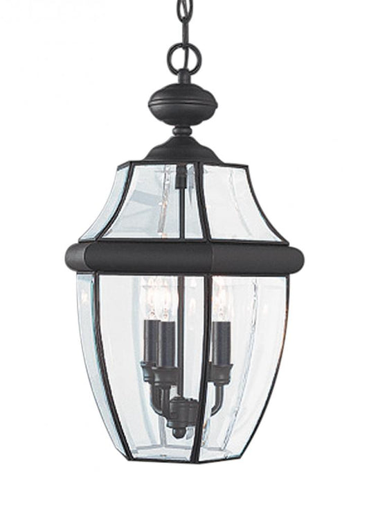 Generation Lighting 1512075 Lancaster traditional 3-light outdoor exterior pendant in black finish with clear curved beveled gla