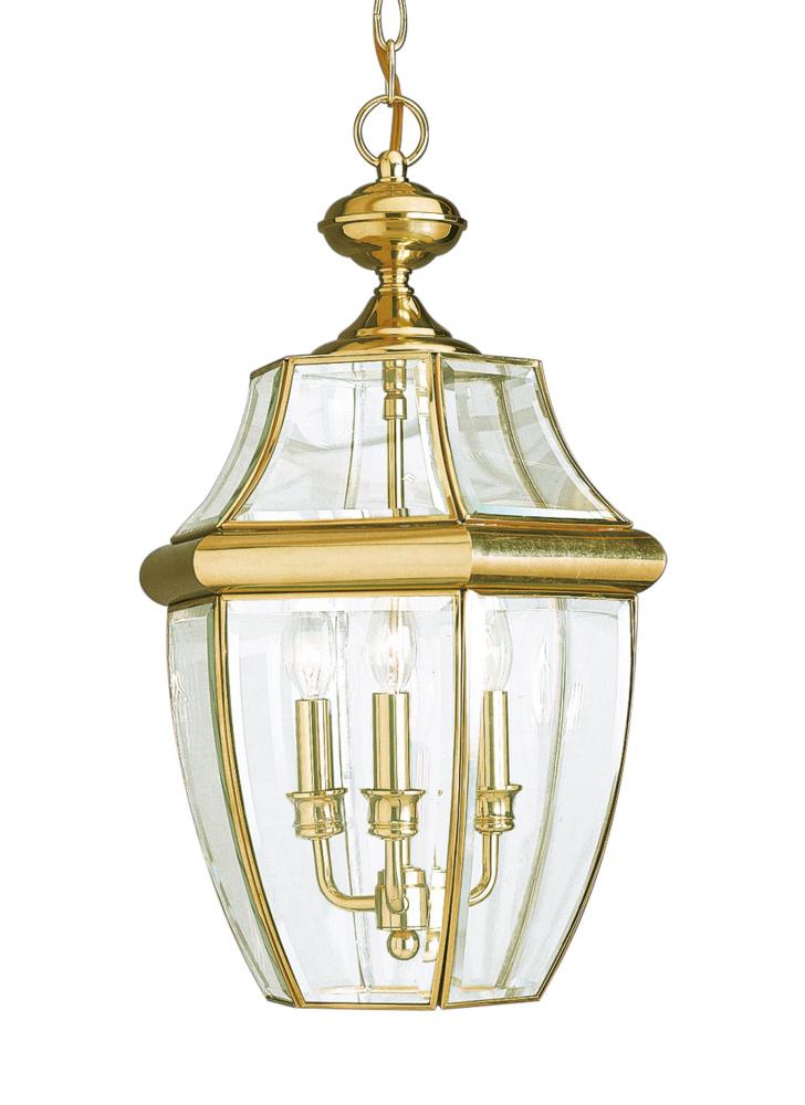 Generation Lighting 6039EN-02 Lancaster traditional 3-light LED outdoor exterior pendant in polished brass gold finish with clear