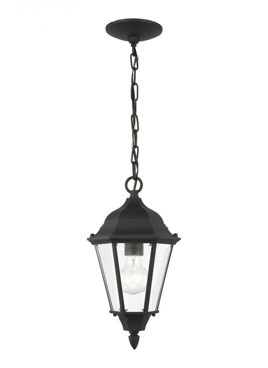 Generation Lighting 60938-12 Bakersville traditional 1-light outdoor exterior pendant in black finish with clear beveled glass pa