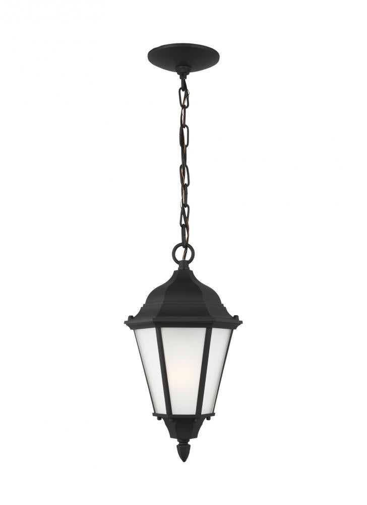 Generation Lighting 60941-12 Bakersville traditional 1-light outdoor exterior pendant in black finish with satin etched glass pan