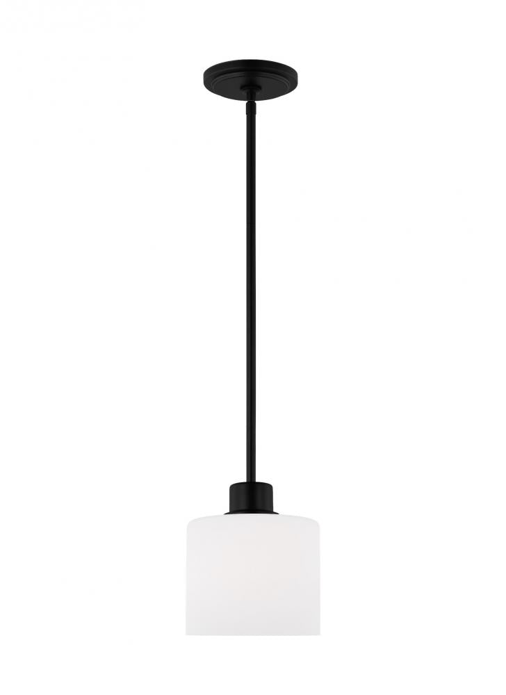 Generation Lighting 6128801-112 Canfield indoor dimmable 1-light mini pendant in a midnight black finish with white etched glass dif
