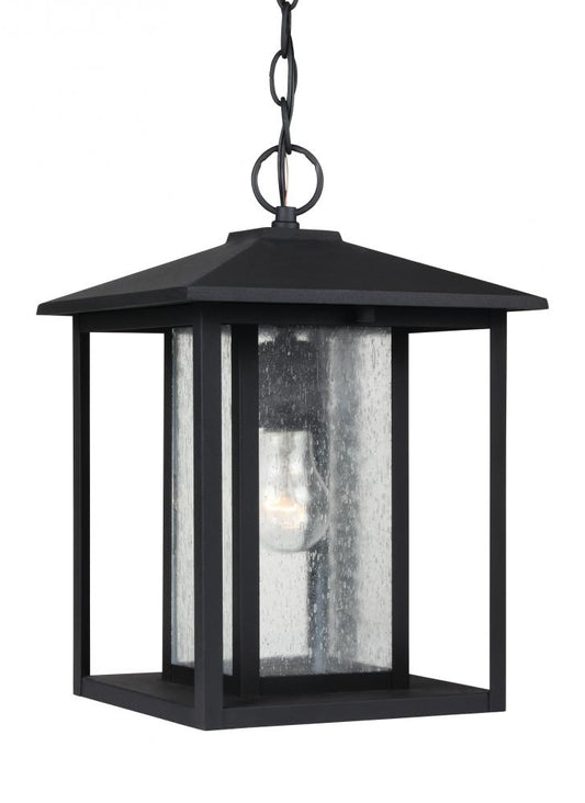 Generation Lighting 62027-12 Hunnington contemporary 1-light outdoor exterior pendant in black finish with clear seeded glass pan