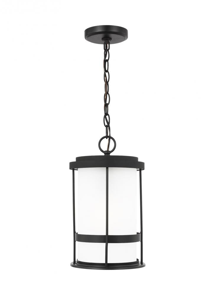 Generation Lighting 6290901-12 Wilburn modern 1-light outdoor exterior ceiling hanging pendant lantern in black finish with satin e