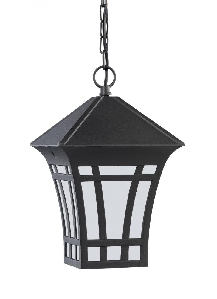 Generation Lighting 69131-12 Herrington transitional 1-light outdoor exterior hanging ceiling pendant in black finish with etched