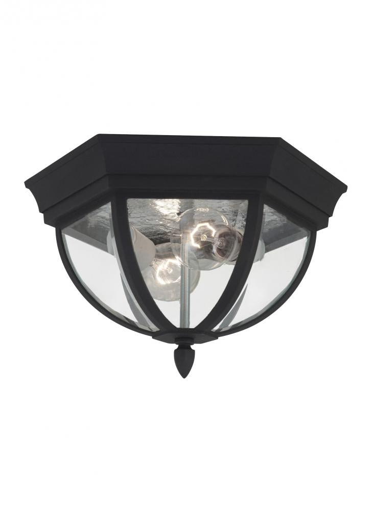 Generation Lighting 78136-12 Wynfield traditional 2-light outdoor exterior ceiling ceiling flush mount in black finish with clear