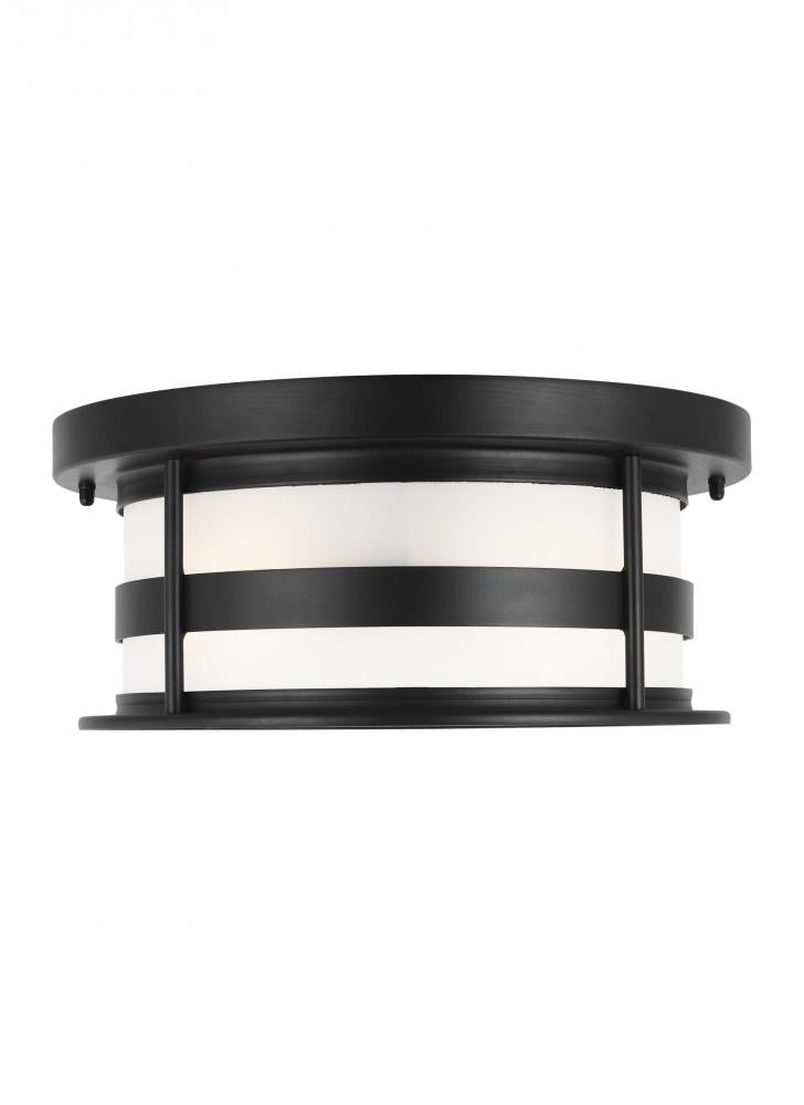 Generation Lighting 7890902EN3-12 Wilburn modern 2-light LED outdoor exterior ceiling flush mount in black finish with satin etched gl