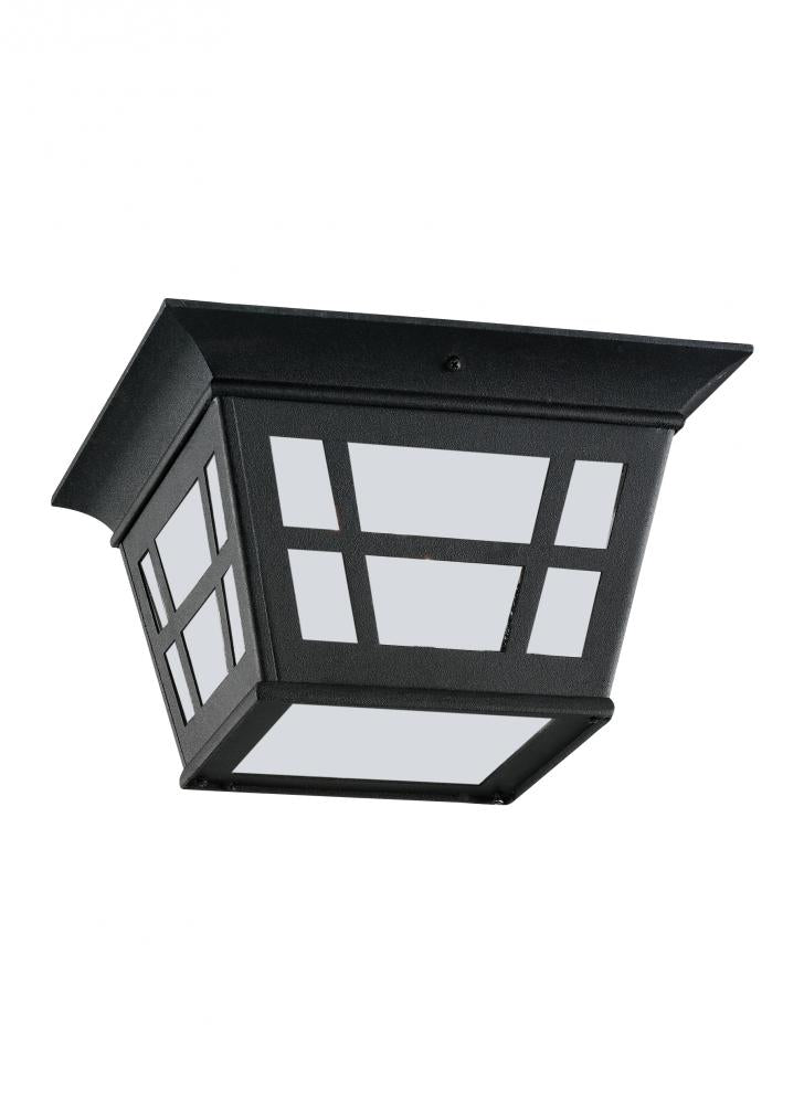 Generation Lighting 79131-12 Herrington transitional 2-light outdoor exterior ceiling flush mount in black finish with etched whi